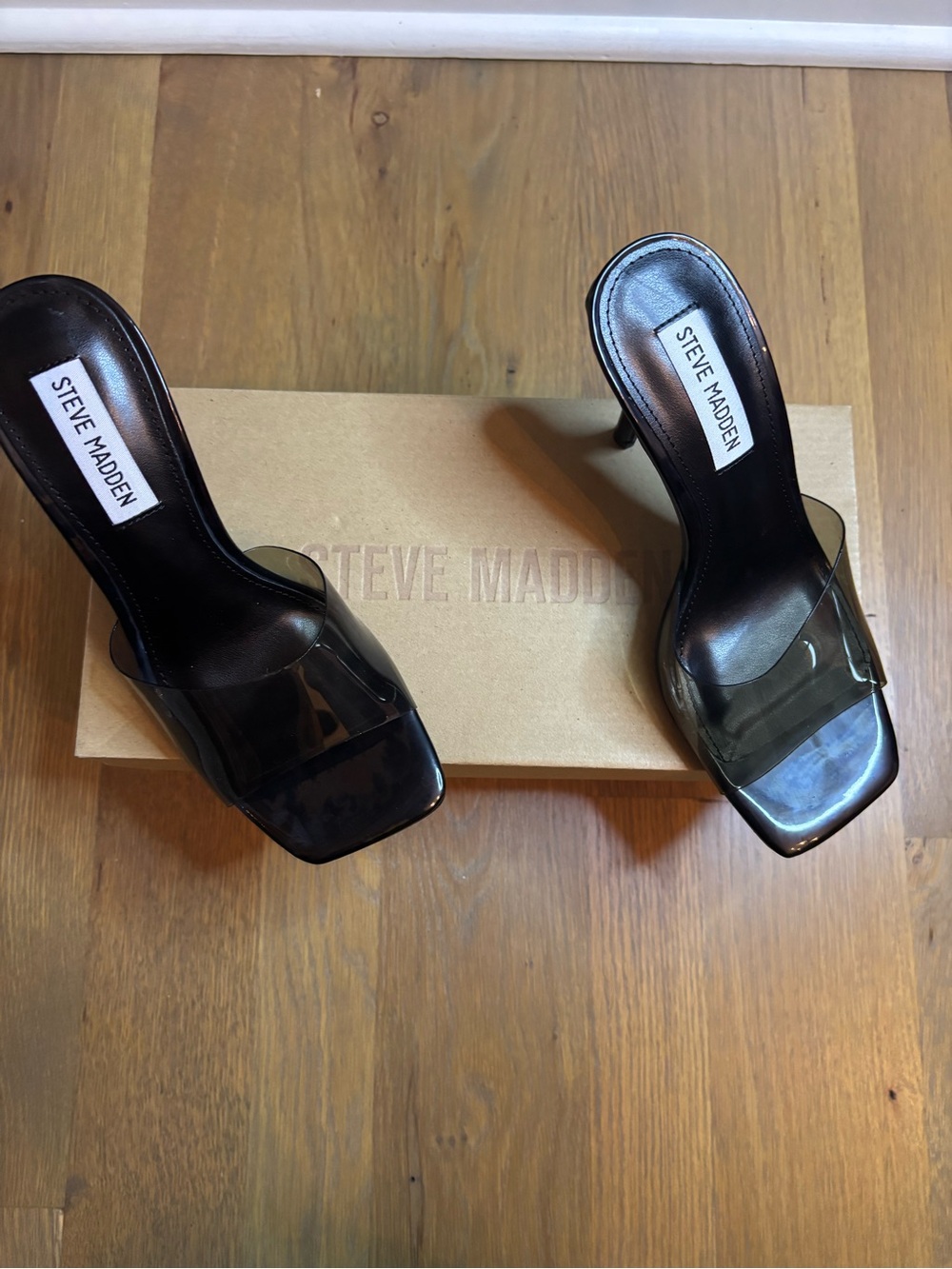 Steve Madden Black Clear Strap Mule Heels